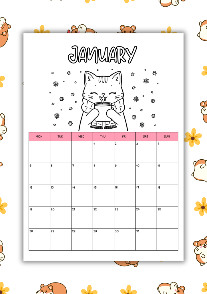 free kawaii 2026 coloring calendar