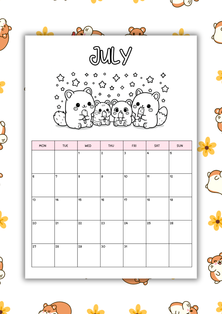 free kawaii 2026 coloring calendar