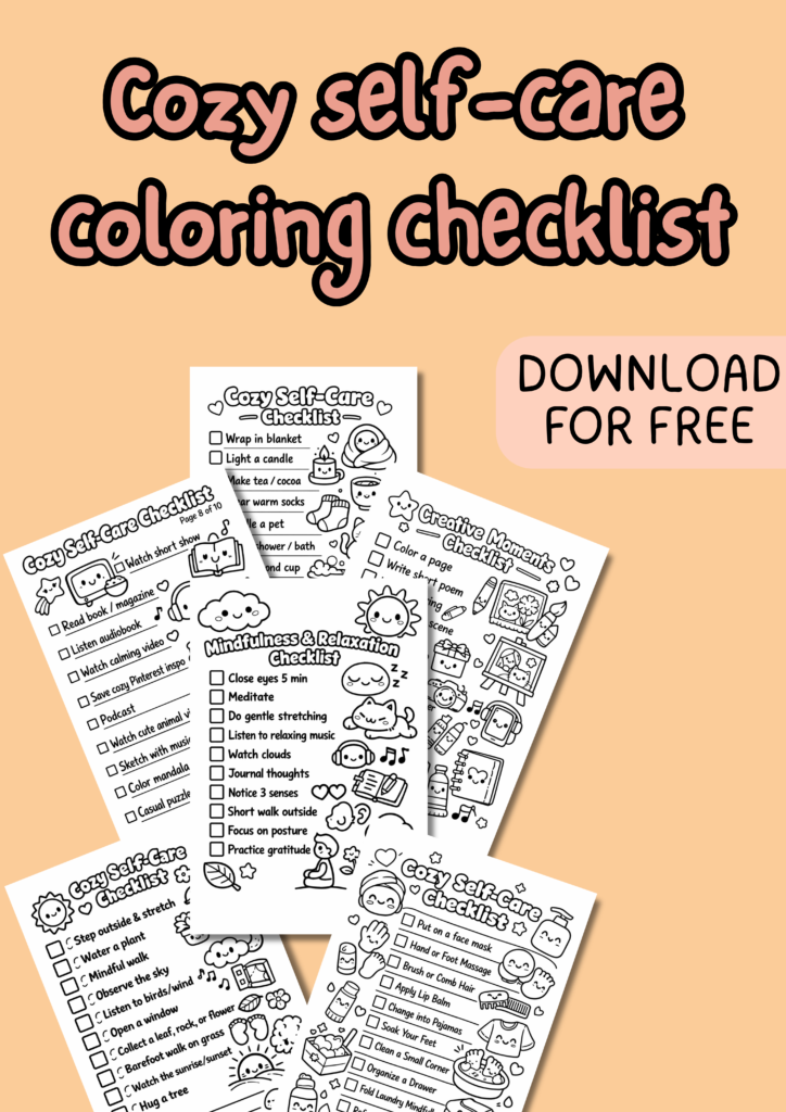 cozy self-care checklist coloring pages