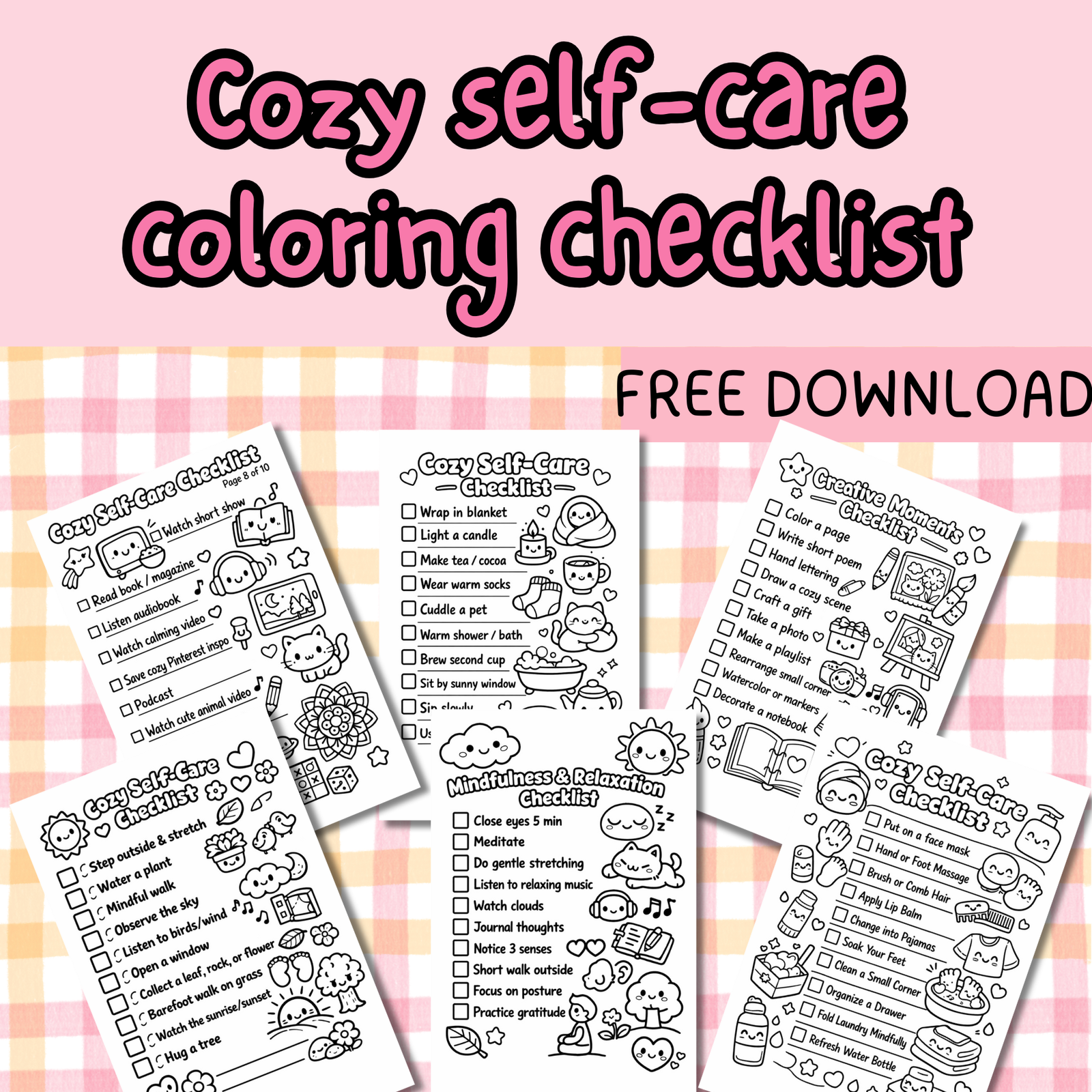 cozy self-care checklist coloring pages