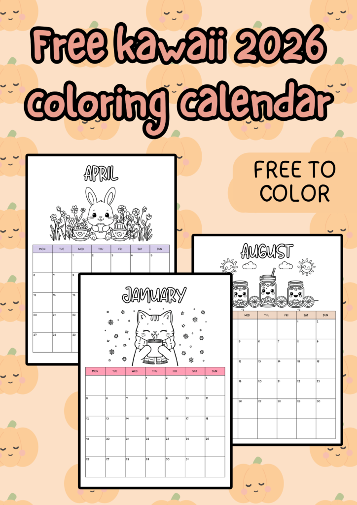 Free kawaii 2026 coloring calendar