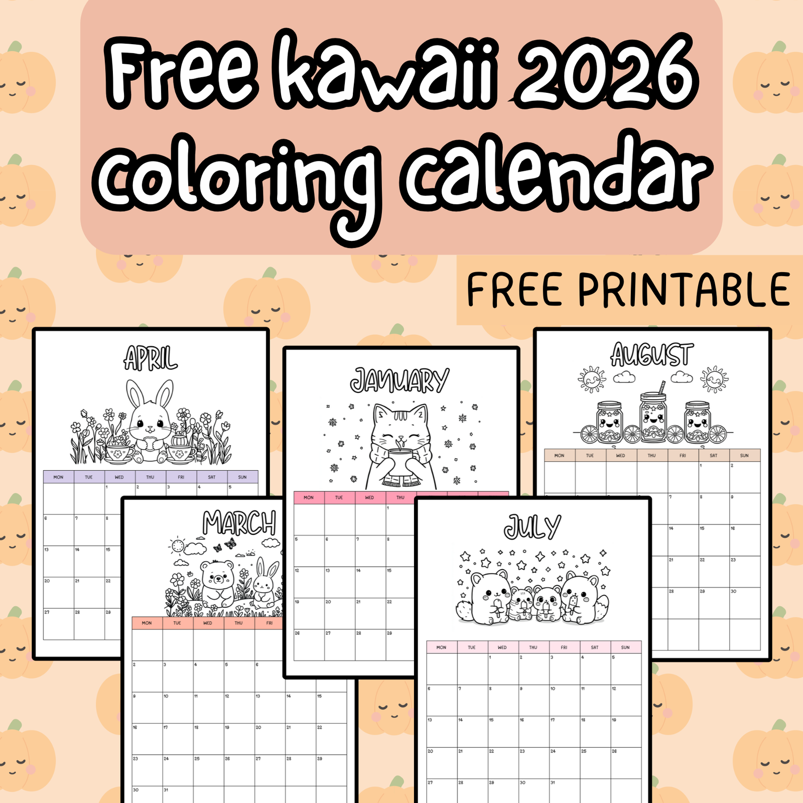 Free kawaii 2026 coloring calendar