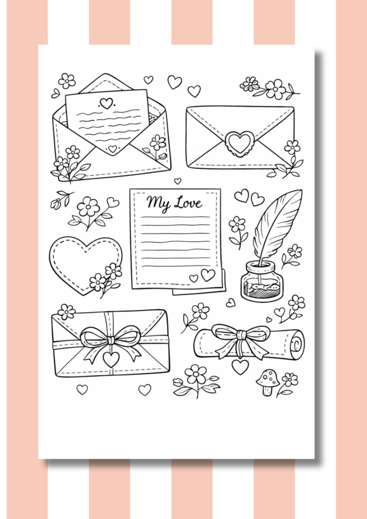 Love letters and envelopes coloring pages