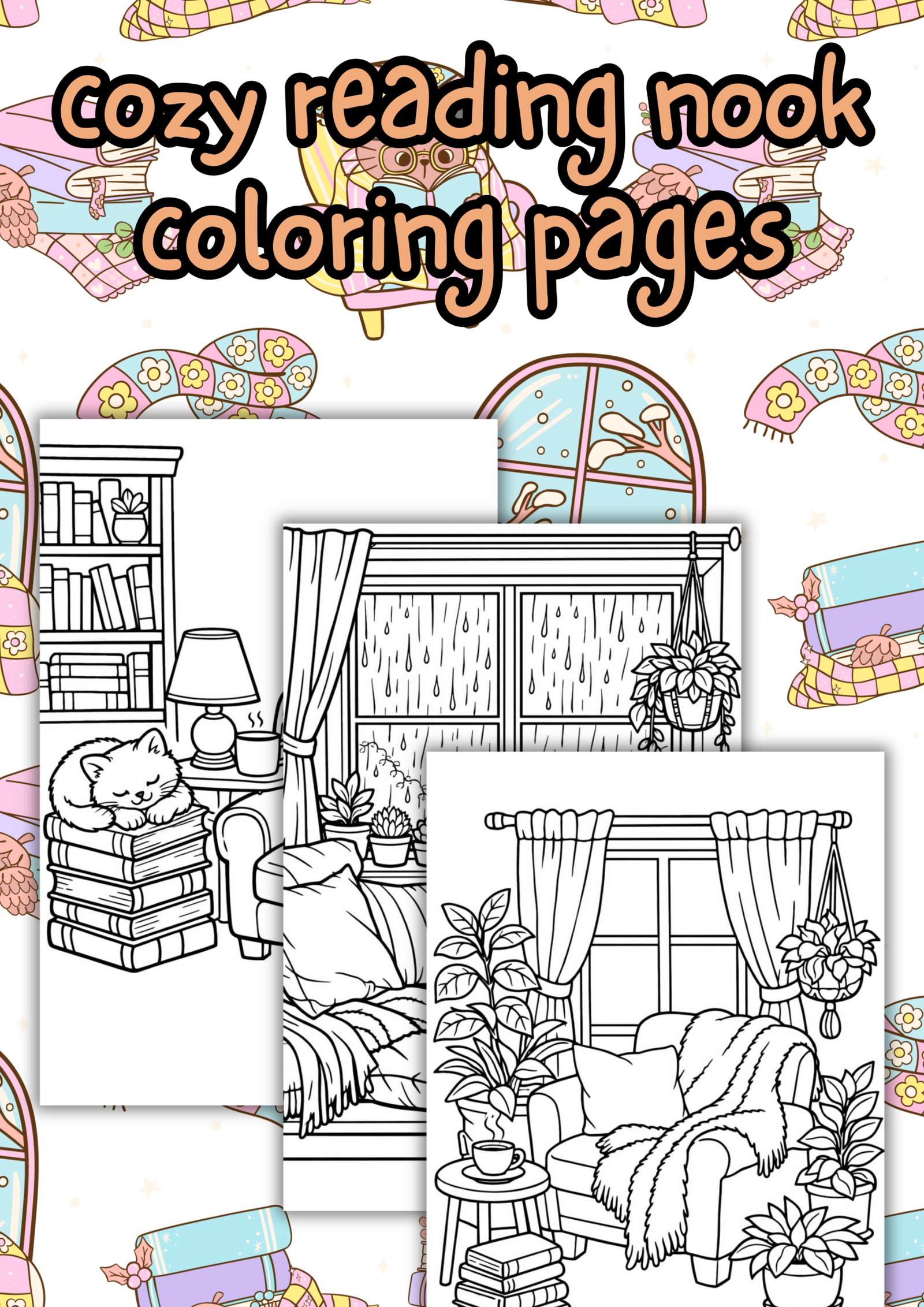 Cozy reading nook coloring pages for book lovers - Simply Cozy Collective