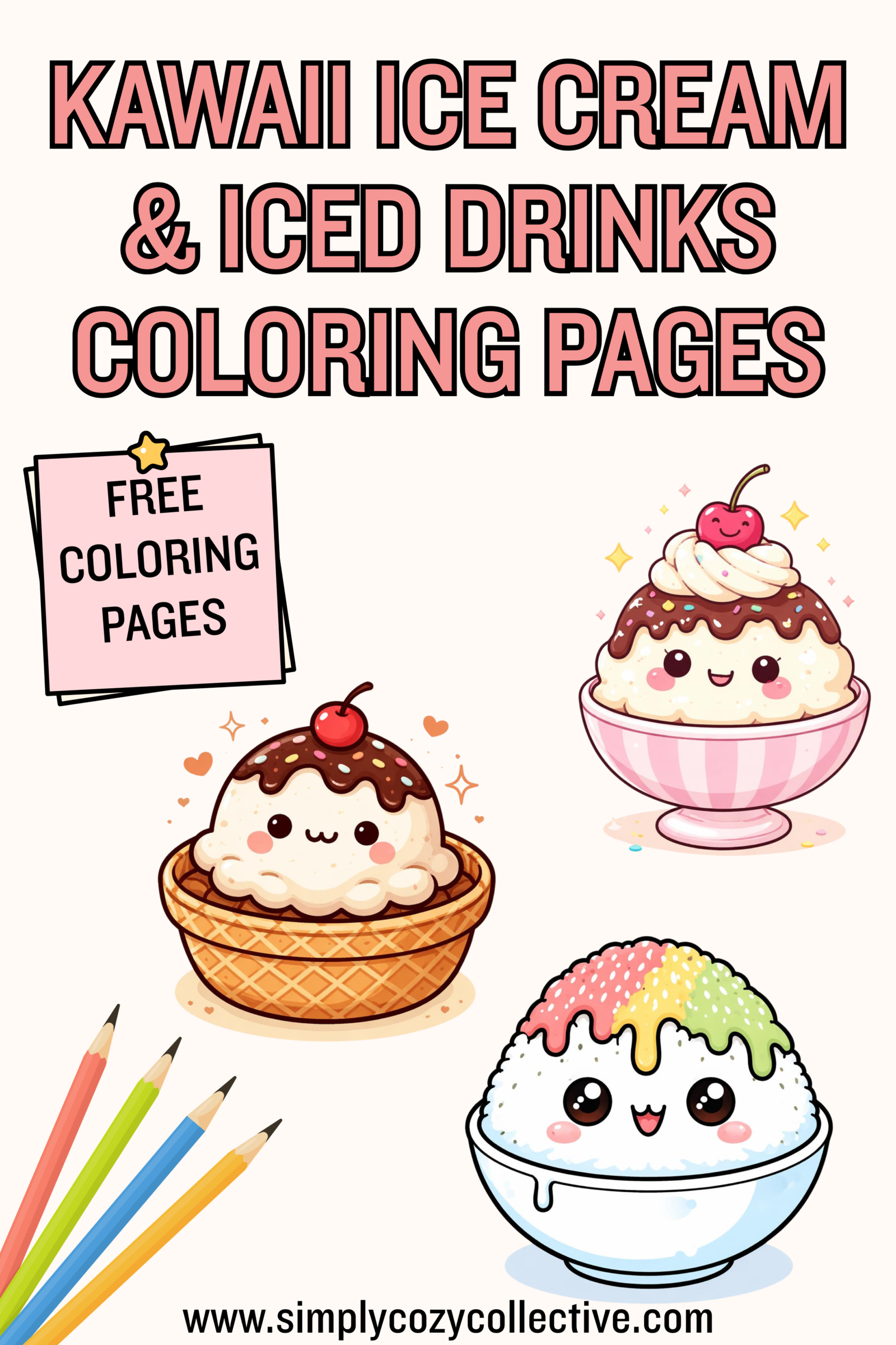 Kawaii ice cream and iced drink coloring pages