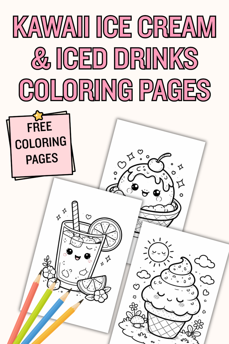 Kawaii ice cream and iced drink coloring pages