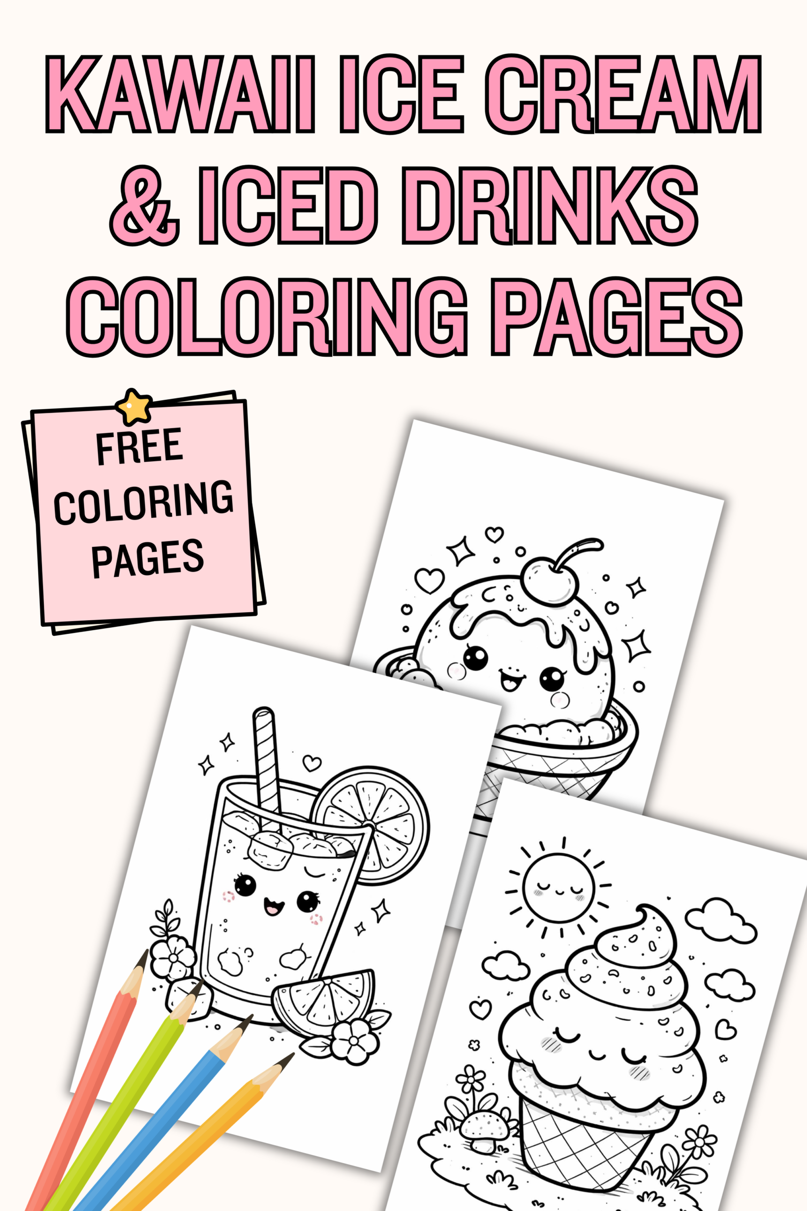 Kawaii ice cream and iced drink coloring pages