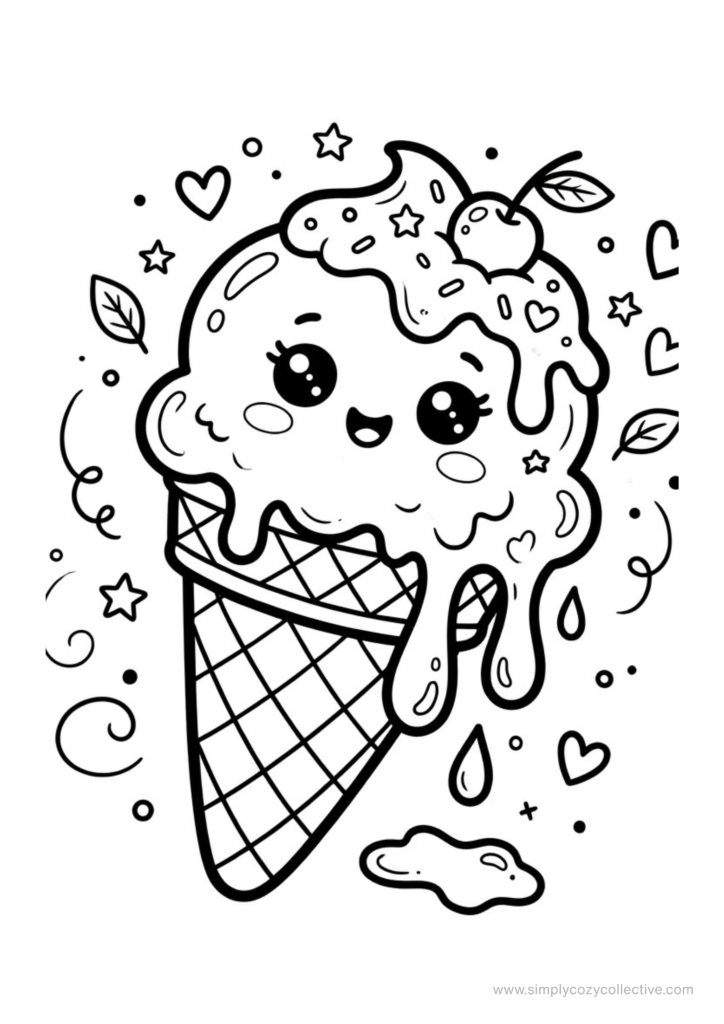 Kawaii ice cream and iced drink coloring pages