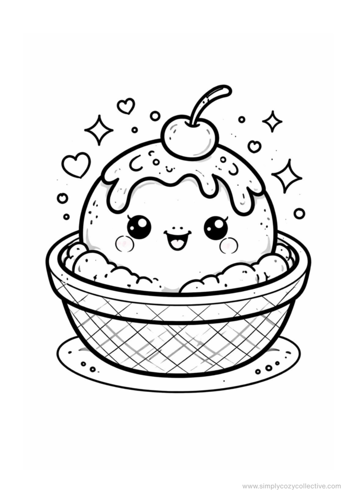 Kawaii ice cream and iced drink coloring pages