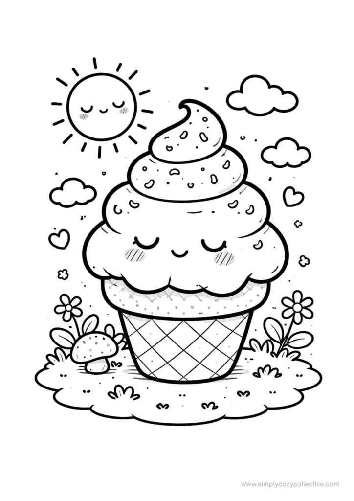Kawaii ice cream and iced drink coloring pages