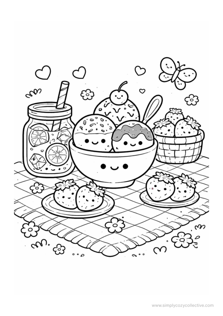 Kawaii ice cream and iced drink coloring pages