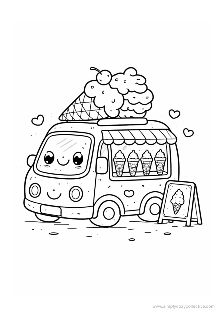 Kawaii ice cream and iced drink coloring pages