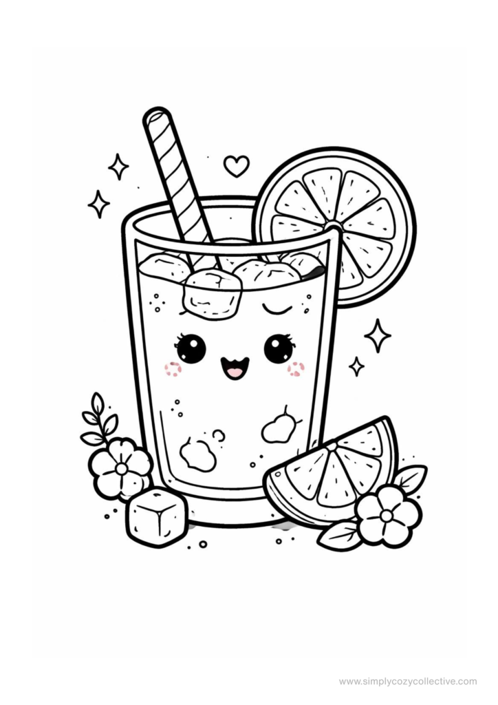 Kawaii ice cream and iced drink coloring pages
