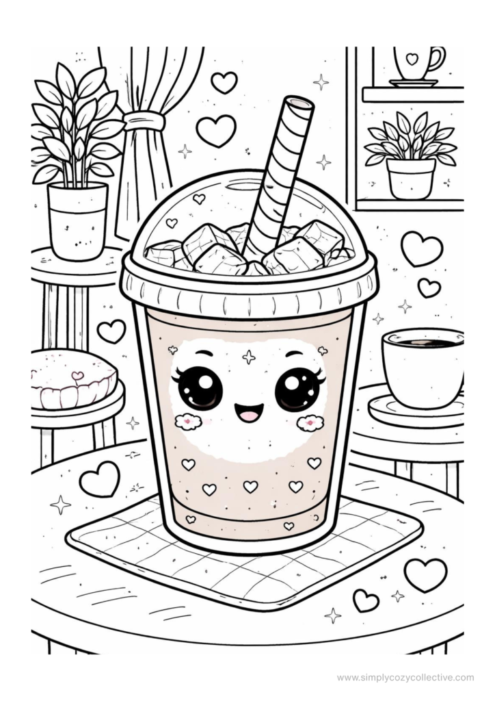 Kawaii ice cream and iced drink coloring pages
