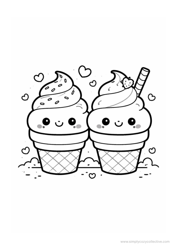 Kawaii ice cream and iced drink coloring pages