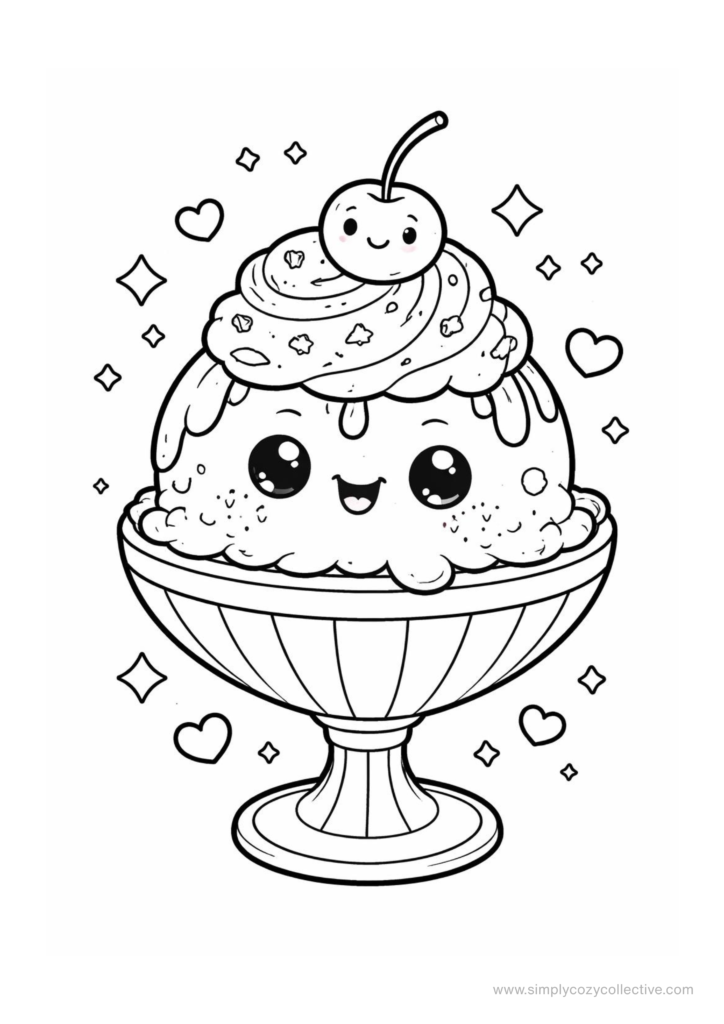 Kawaii ice cream and iced drink coloring pages