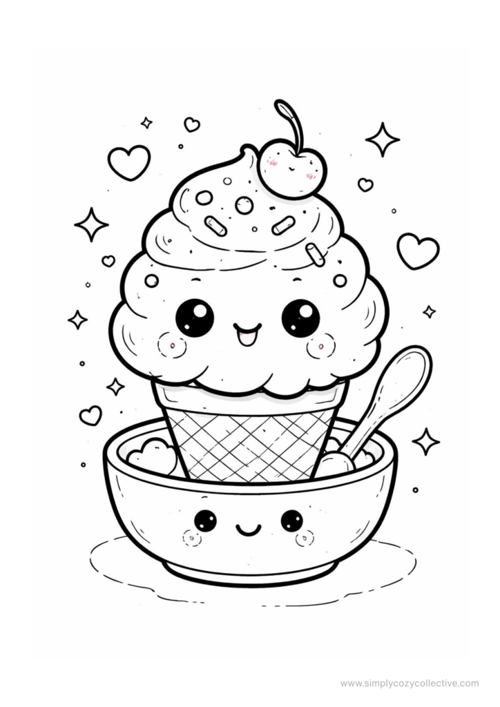 Kawaii ice cream and iced drink coloring pages