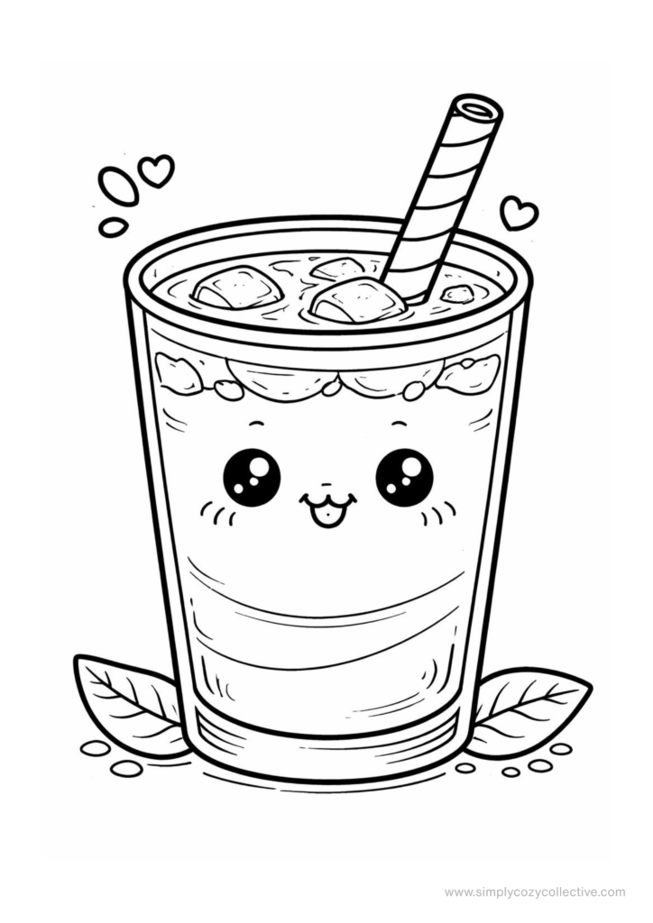 Kawaii ice cream and iced drink coloring pages